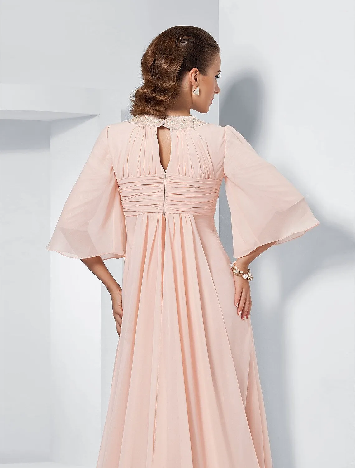 A-Line Evening Dresses Elegant Dress Wedding Half Sleeve Jewel Neck Chiffon with Beading Draping