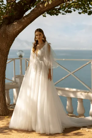 Aline Ball Gown Wedding Dress with Long Sleeves - Floral Beaded Dress - Princess Wedding Gown with Bow Plus Size
