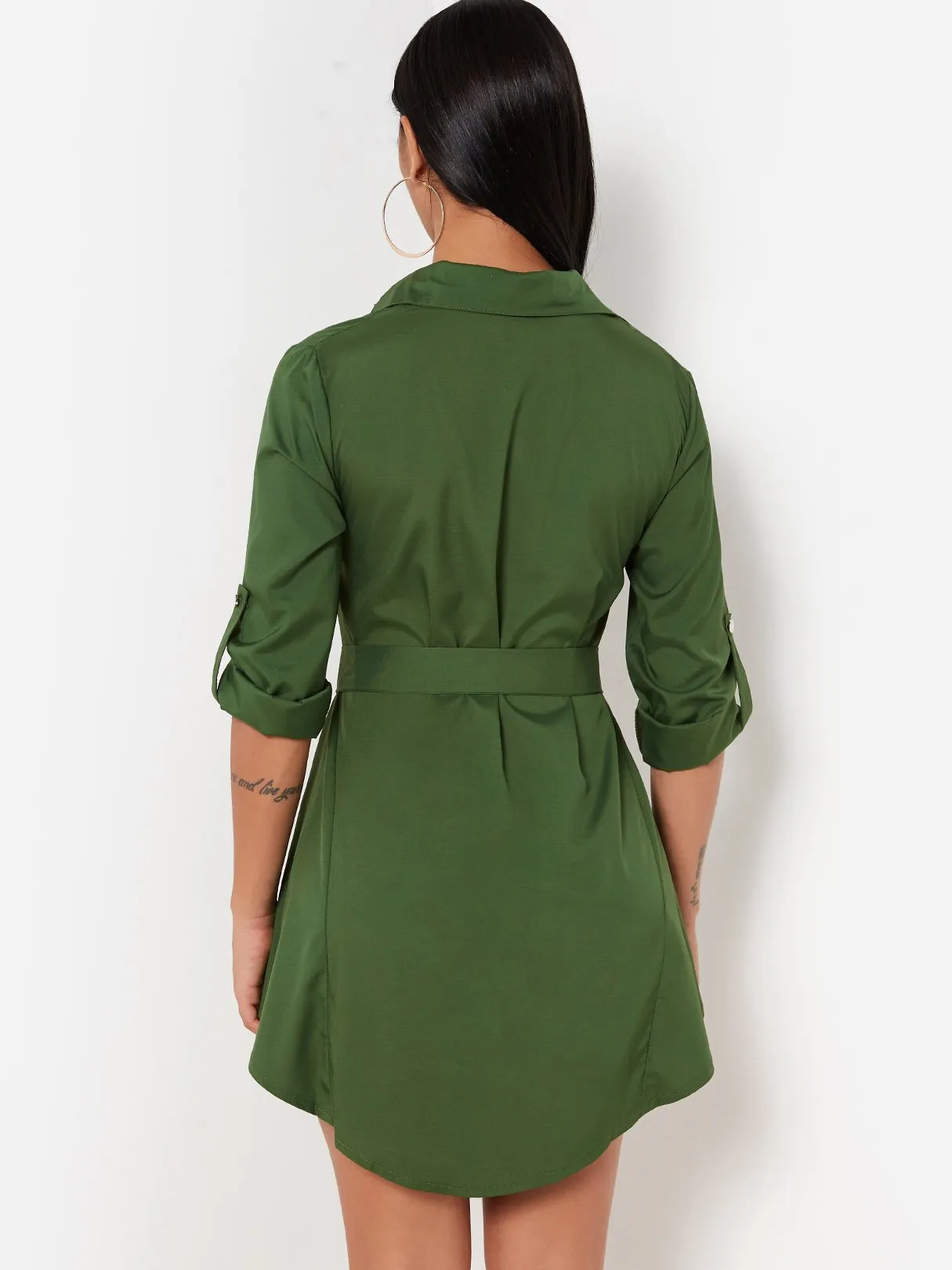 Army Green Classic Collar 3/4 Sleeve Plain Self-Tie Irregular Hem Casual Dresses