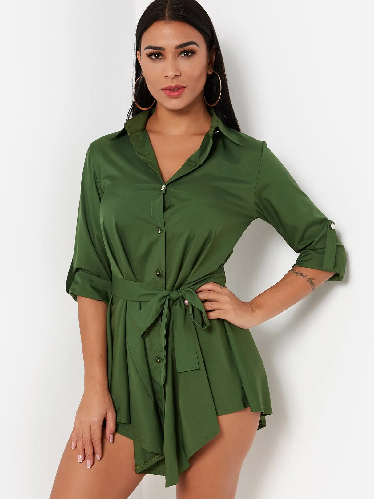 Army Green Classic Collar 3/4 Sleeve Plain Self-Tie Irregular Hem Casual Dresses