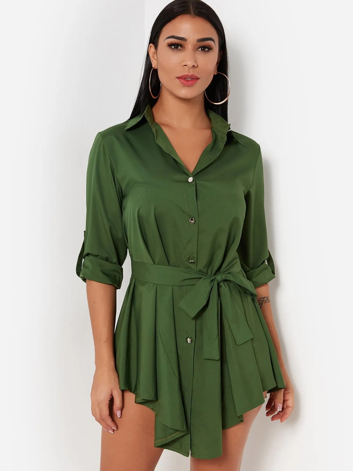 Army Green Classic Collar 3/4 Sleeve Plain Self-Tie Irregular Hem Casual Dresses