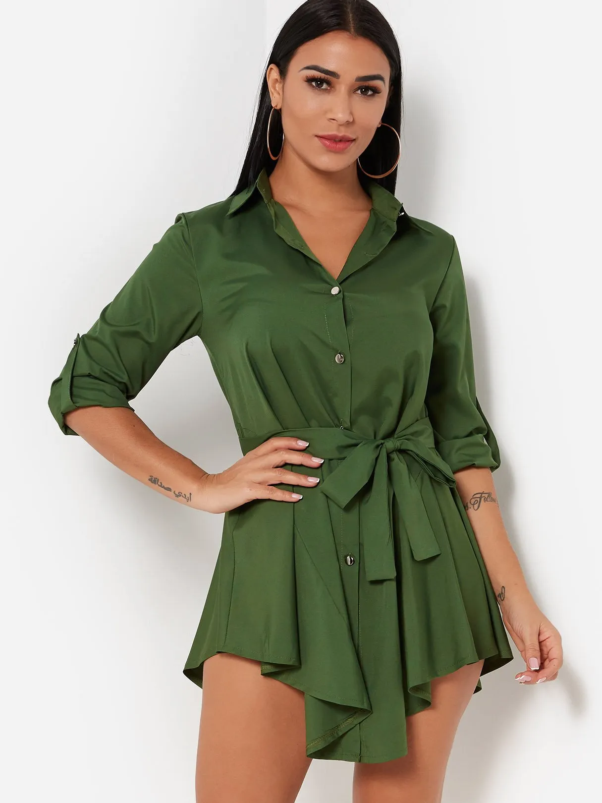 Army Green Classic Collar 3/4 Sleeve Plain Self-Tie Irregular Hem Casual Dresses
