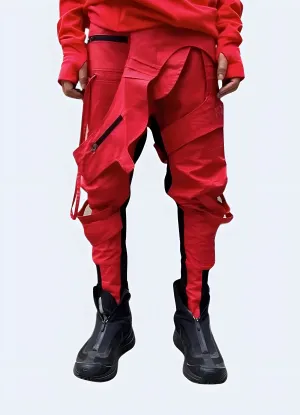 Assymetric Waxed Red Techwear Pants