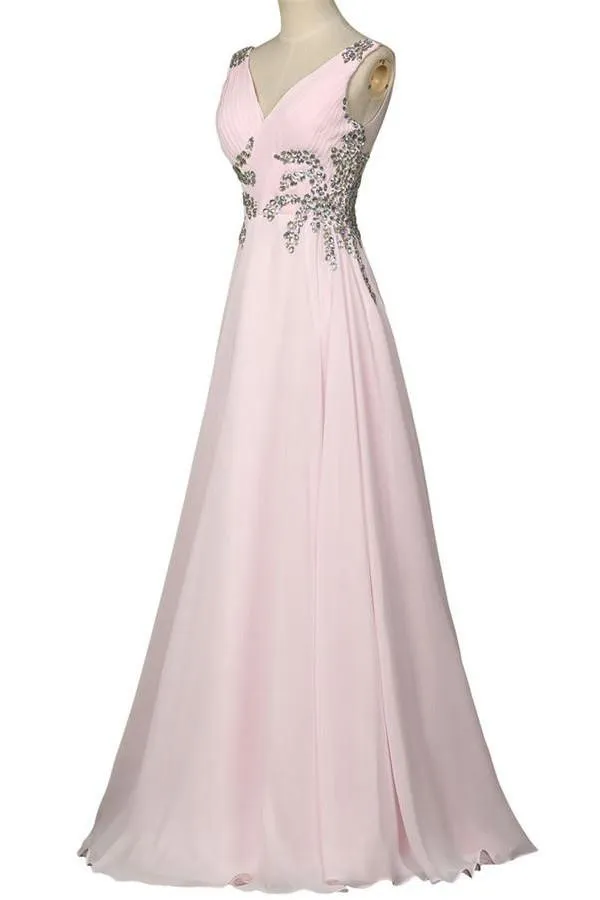 Beautiful Girly Chiffon Long Beading Pink V-neck Backless Prom Dresses PFP1051