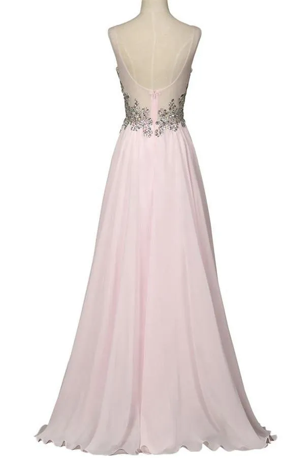 Beautiful Girly Chiffon Long Beading Pink V-neck Backless Prom Dresses PFP1051