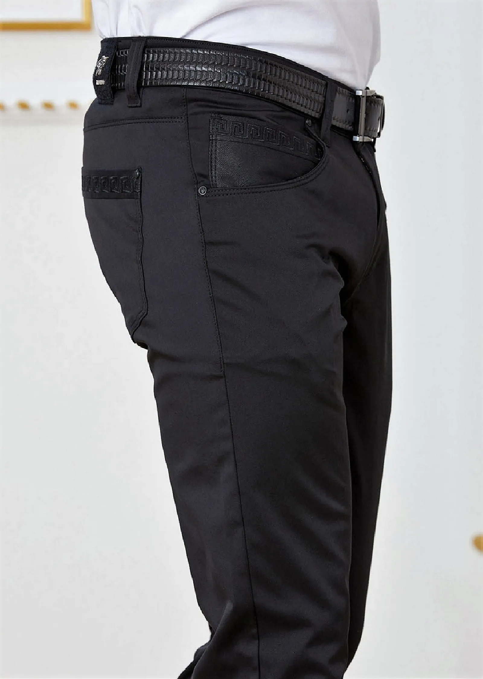 Black Meander Embroidery Pants