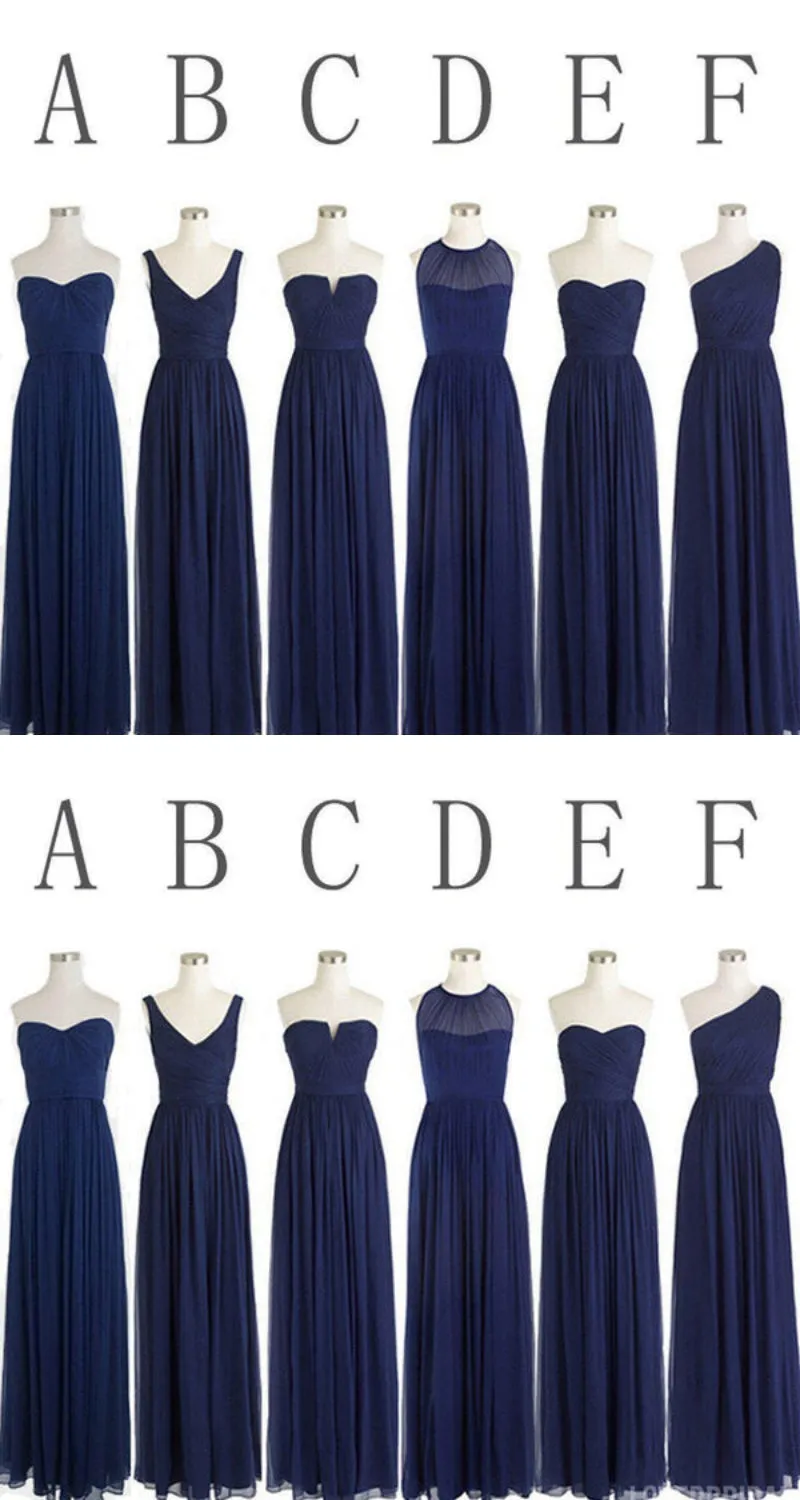 Blue Mismatched Sheath Chiffon Long Bridesmaid Dresses ,BDS0219