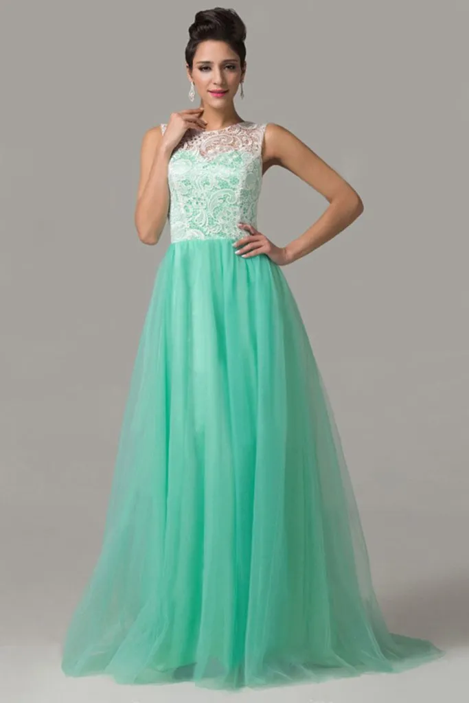 Cap Sleeves Mint Green Lace Long Prom Dresses PFP1290