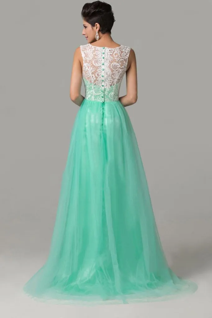 Cap Sleeves Mint Green Lace Long Prom Dresses PFP1290