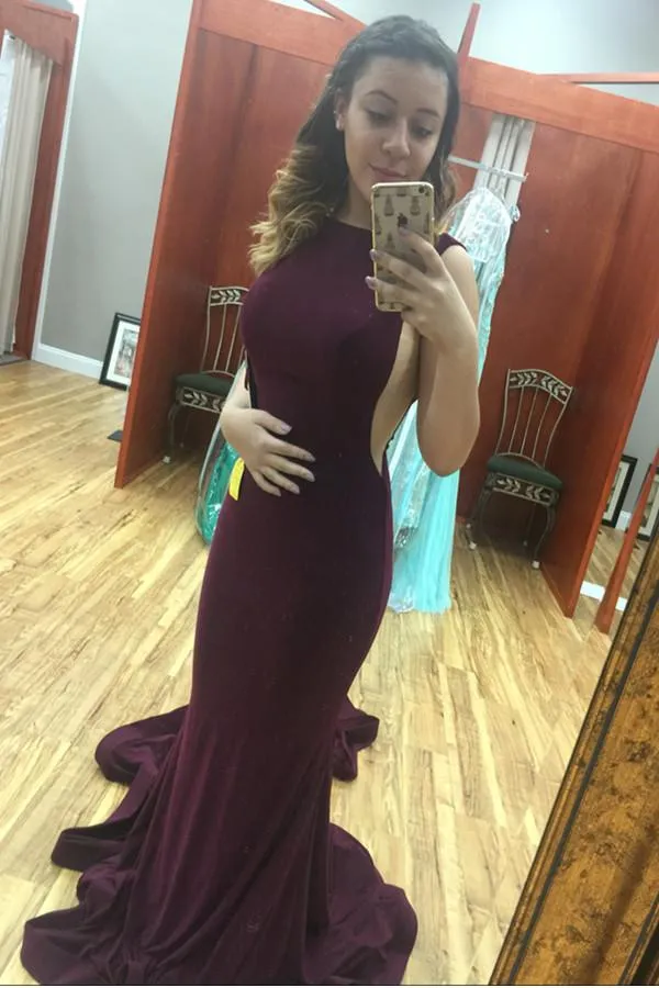 Dark Plum Long Mermaid Open Back Sexy Simple Cheap Prom Dresses PFP1140