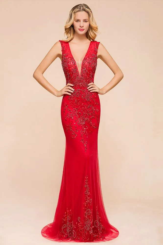 Deep V-Neck Sleeveless Lace Appliques Evening Maxi Dress A-line Chiffon Prom Dress