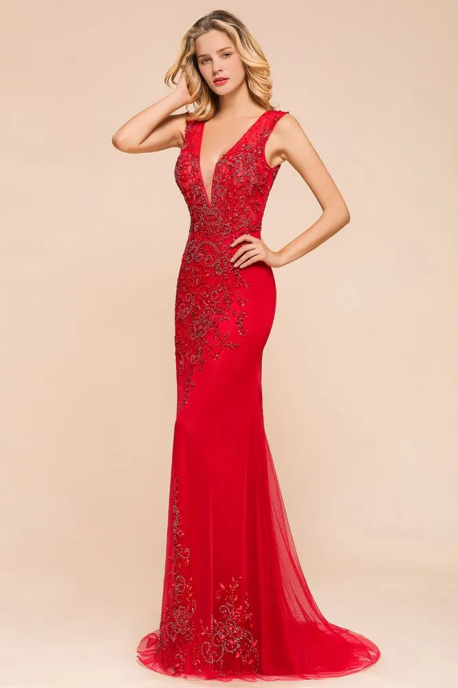 Deep V-Neck Sleeveless Lace Appliques Evening Maxi Dress A-line Chiffon Prom Dress