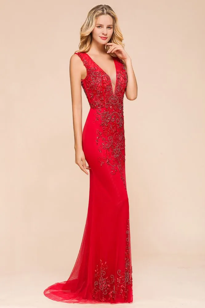 Deep V-Neck Sleeveless Lace Appliques Evening Maxi Dress A-line Chiffon Prom Dress