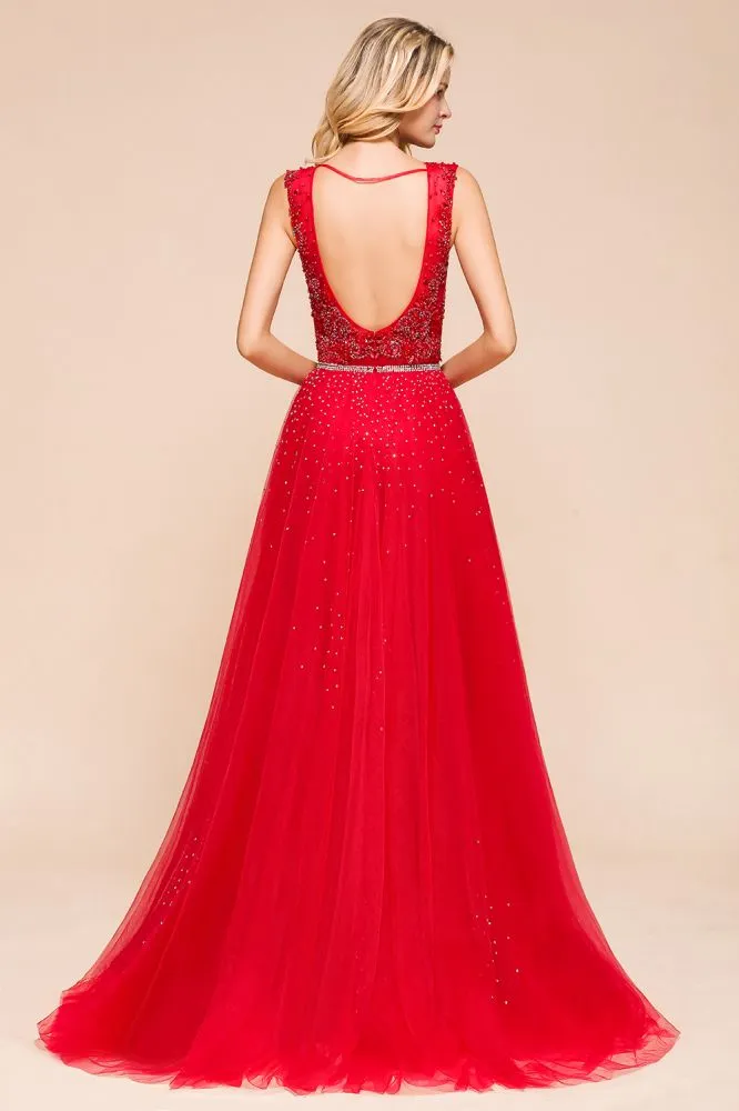 Deep V-Neck Sleeveless Lace Appliques Evening Maxi Dress A-line Chiffon Prom Dress