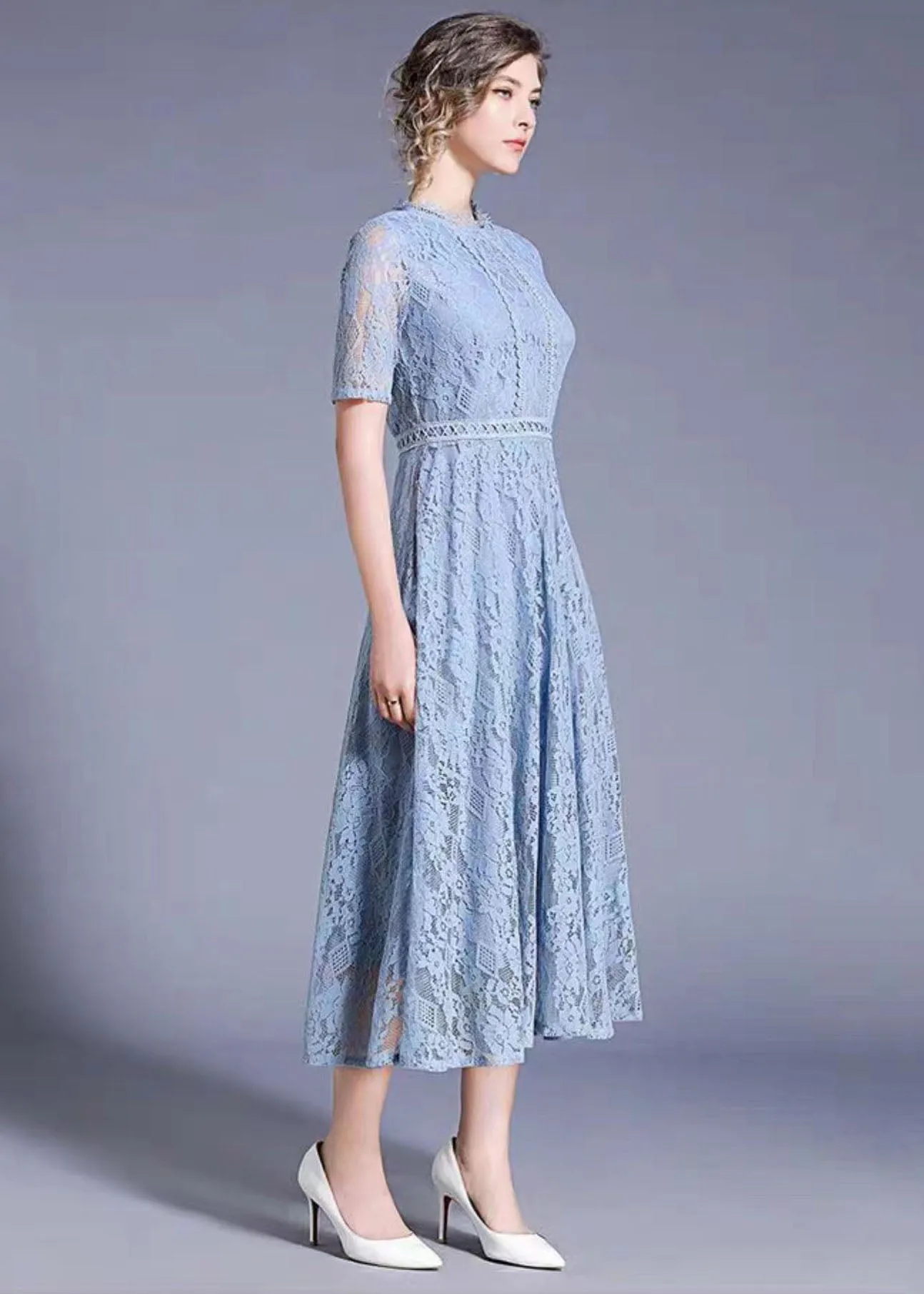 Elegant Blue Hollow Out Embroideried Patchwork Lace Long Dresses Summer LY7394