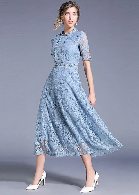Elegant Blue Hollow Out Embroideried Patchwork Lace Long Dresses Summer LY7394
