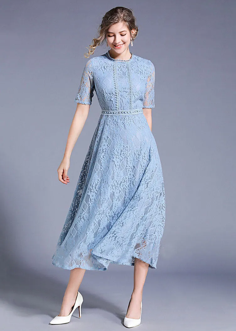 Elegant Blue Hollow Out Embroideried Patchwork Lace Long Dresses Summer LY7394
