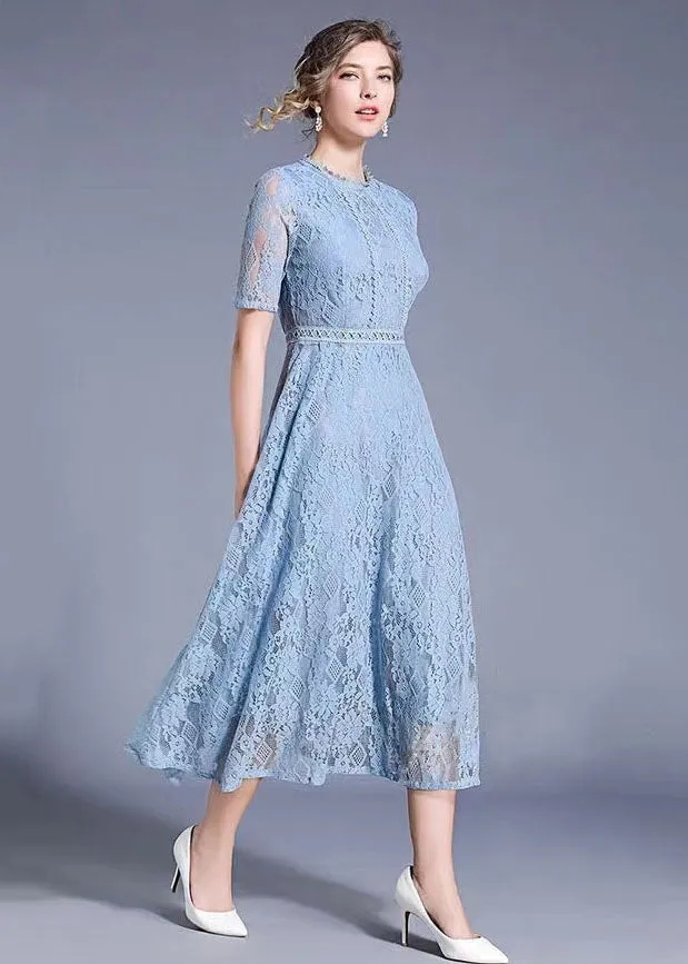 Elegant Blue Hollow Out Embroideried Patchwork Lace Long Dresses Summer LY7394