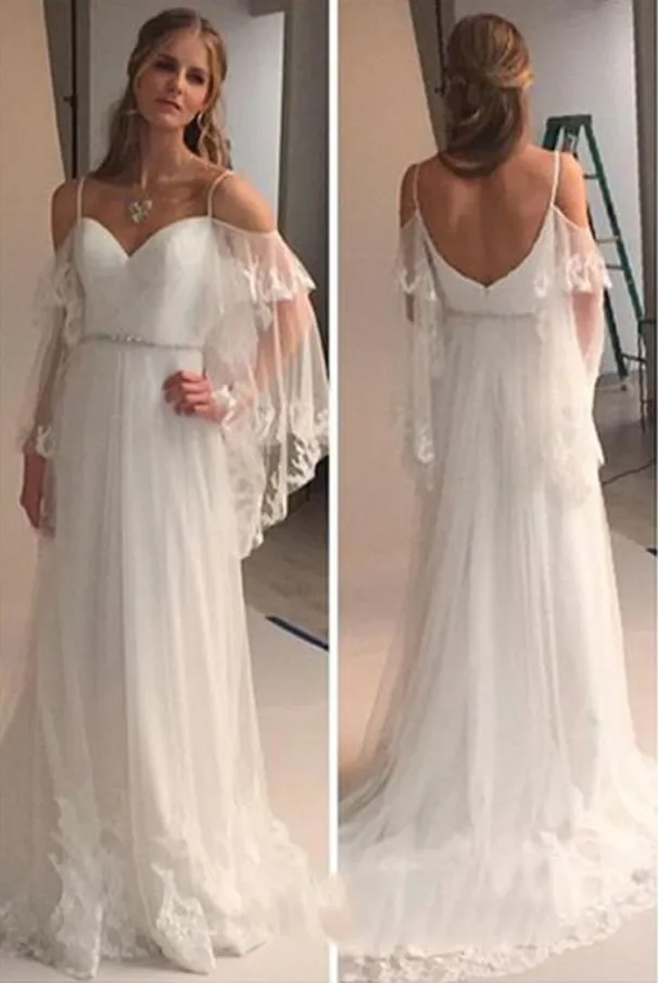 Elegant Cold Shoulders Hippie A Line Tulle Long Sweep Train Wedding Dress PFW0100