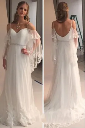 Elegant Cold Shoulders Hippie A Line Tulle Long Sweep Train Wedding Dress PFW0100