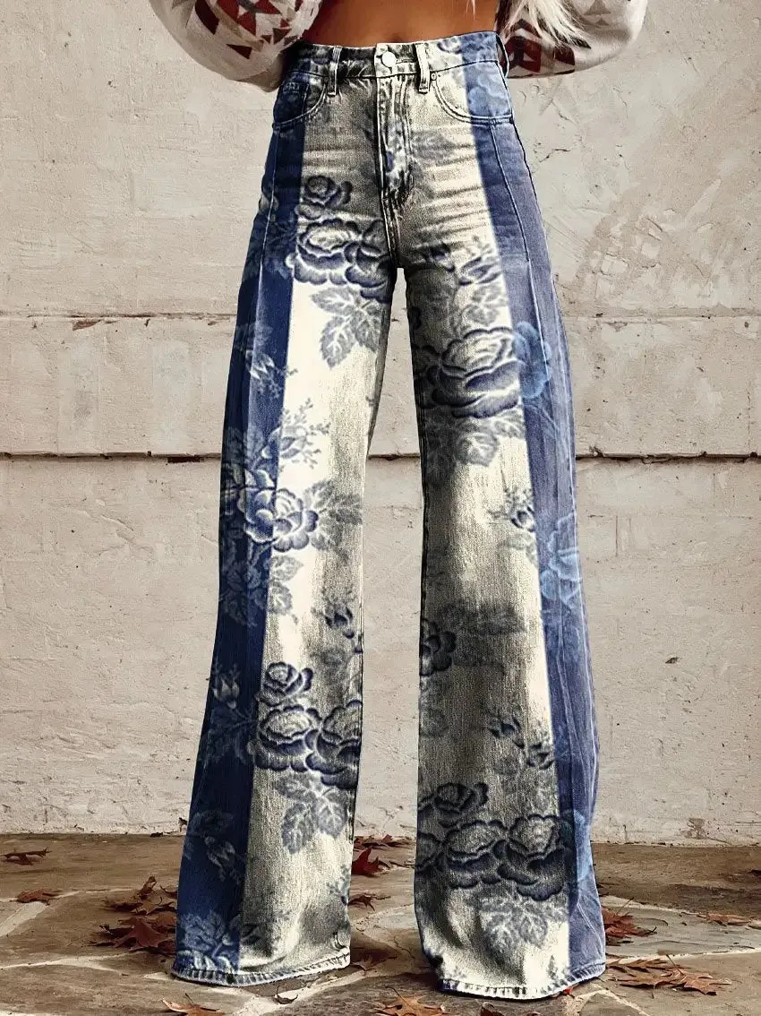 Elle - Floral Print High-Waisted Trousers