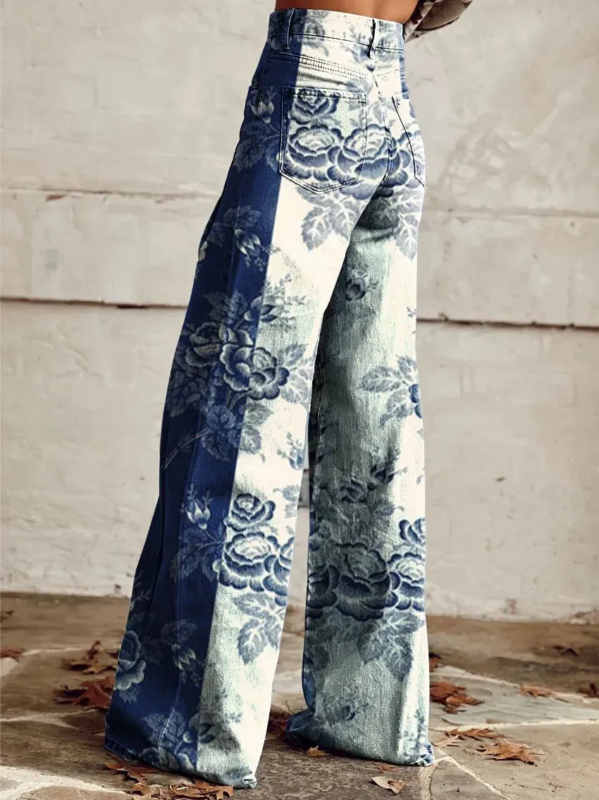 Elle - Floral Print High-Waisted Trousers