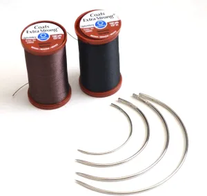 Extra Strong Upholstery Repair Sewing Thread Kit Coats and Clark - Heavy Duty Curved Needles, 1 Black Spool, 1 Brown Spool