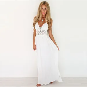 Fashion Lace Patchwork V-neck Straps Chiffon Long Dress