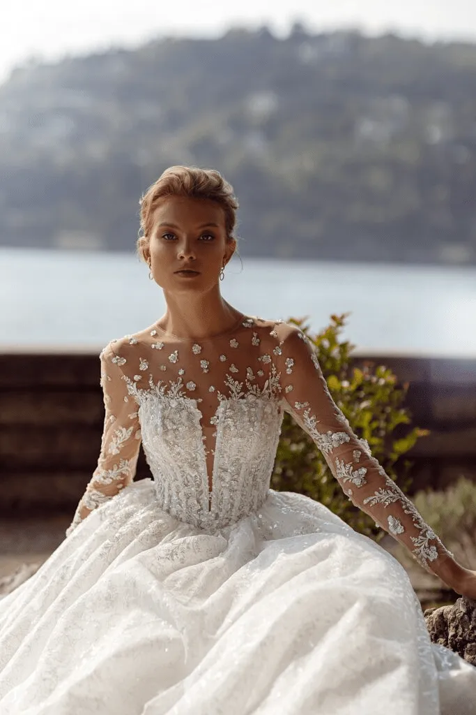 Floral Lace Wedding Dress - Corset Back Wedding Dress - Aline Wedding Dress with Lace Sleeves Plus Size