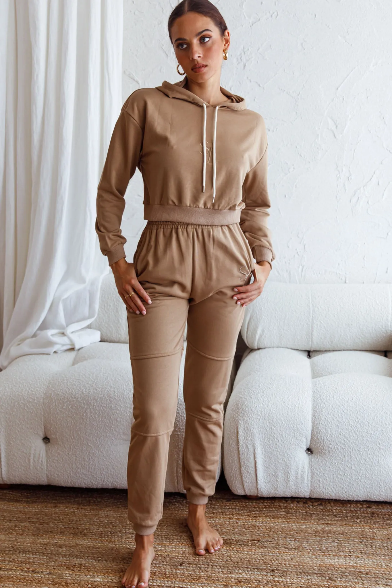 Glow Getter Elasticated Waist Embroidery Logo Jogger Pants Beige