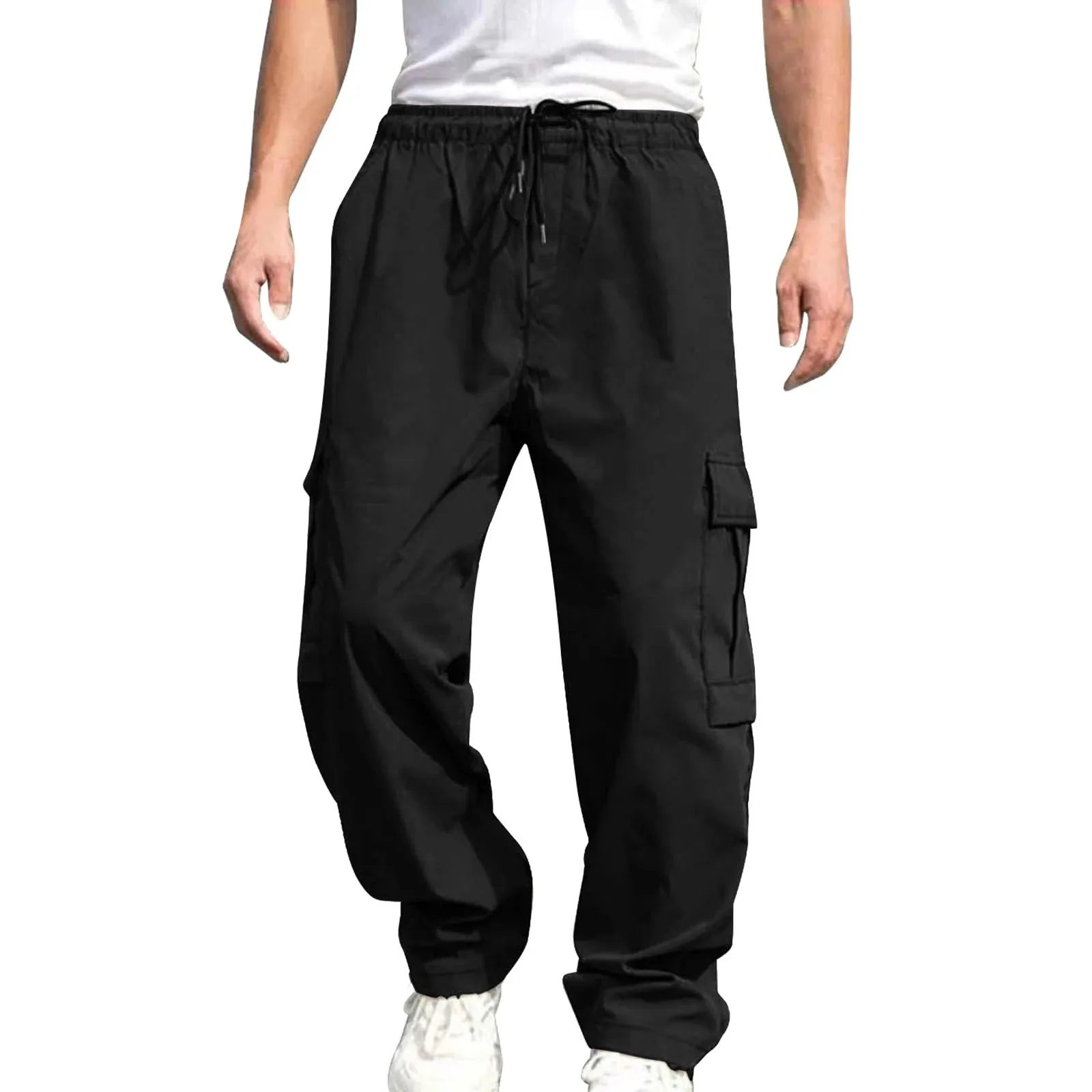 Men’s Loose Cargo Pants – Solid Color Drawstring Waist, Straight Leg Casual Work Trousers with Pockets