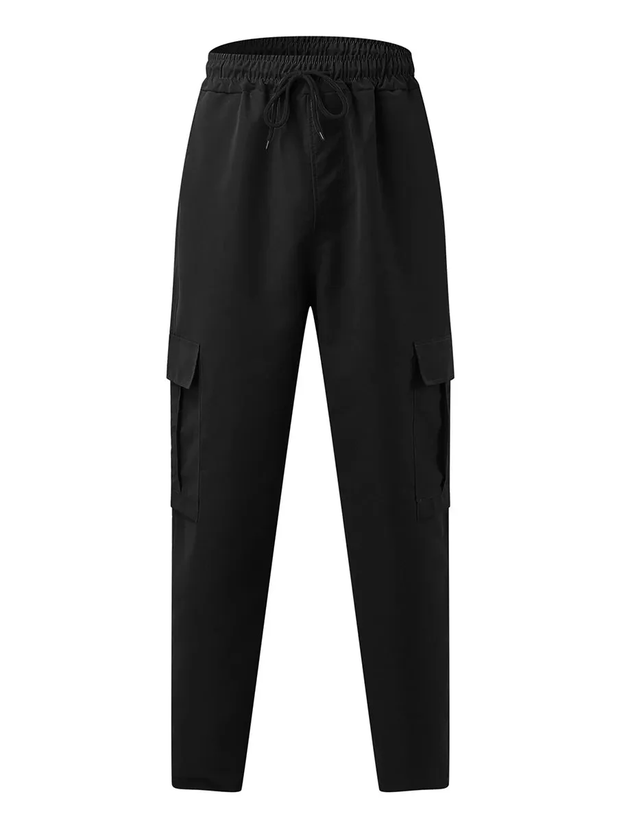 Men’s Loose Cargo Pants – Solid Color Drawstring Waist, Straight Leg Casual Work Trousers with Pockets