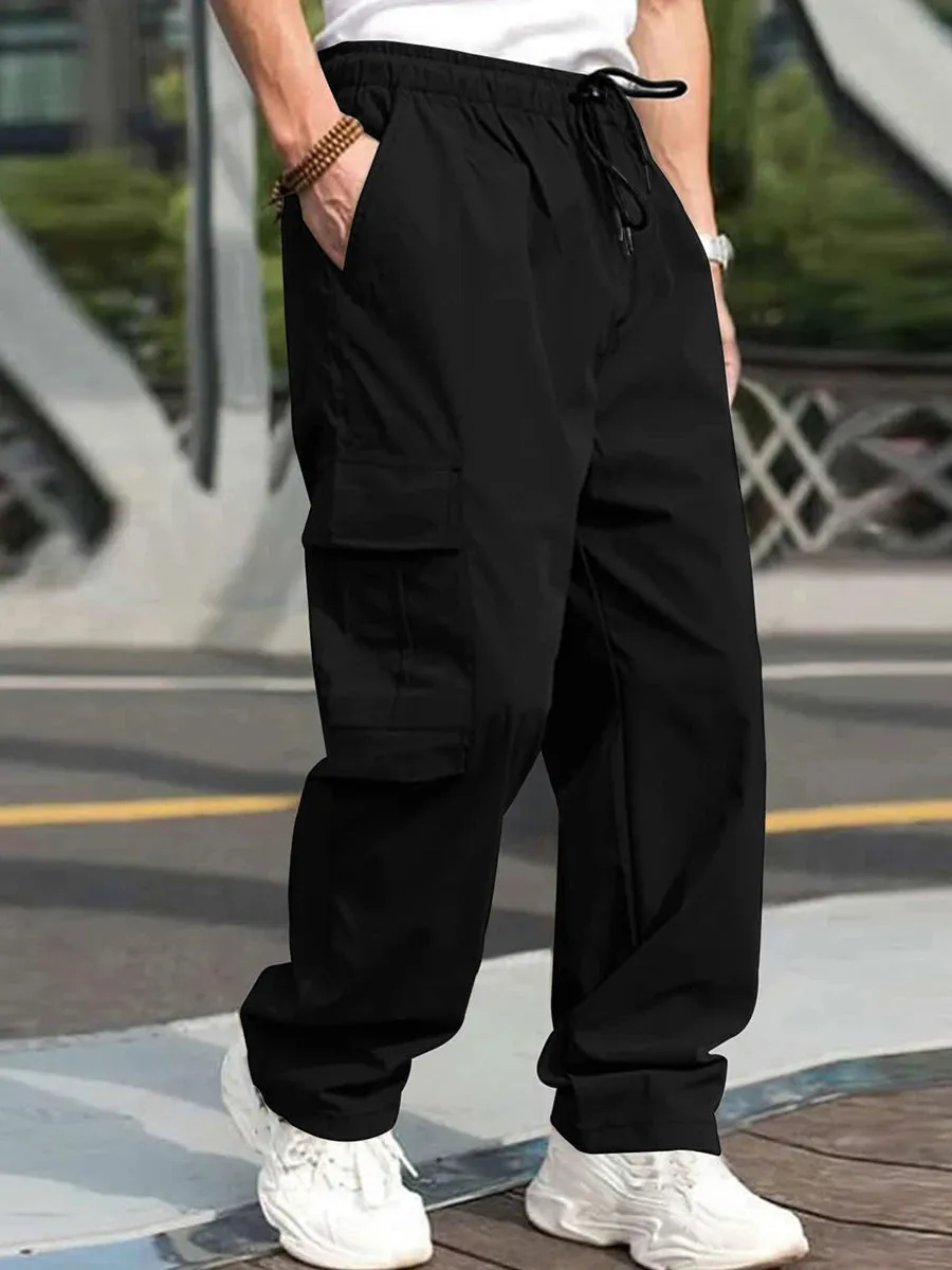 Men’s Loose Cargo Pants – Solid Color Drawstring Waist, Straight Leg Casual Work Trousers with Pockets