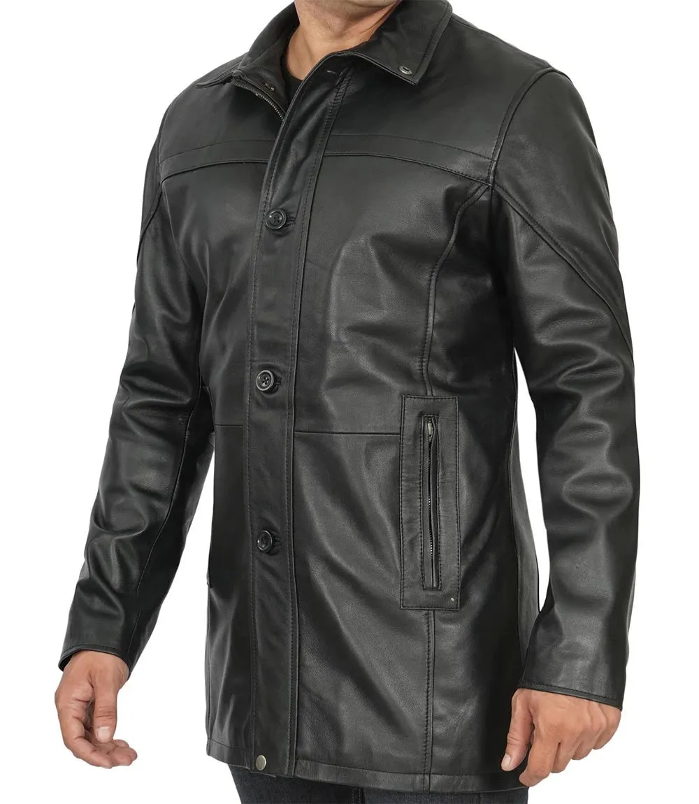Mens Tall Black Real Leather Car Coat