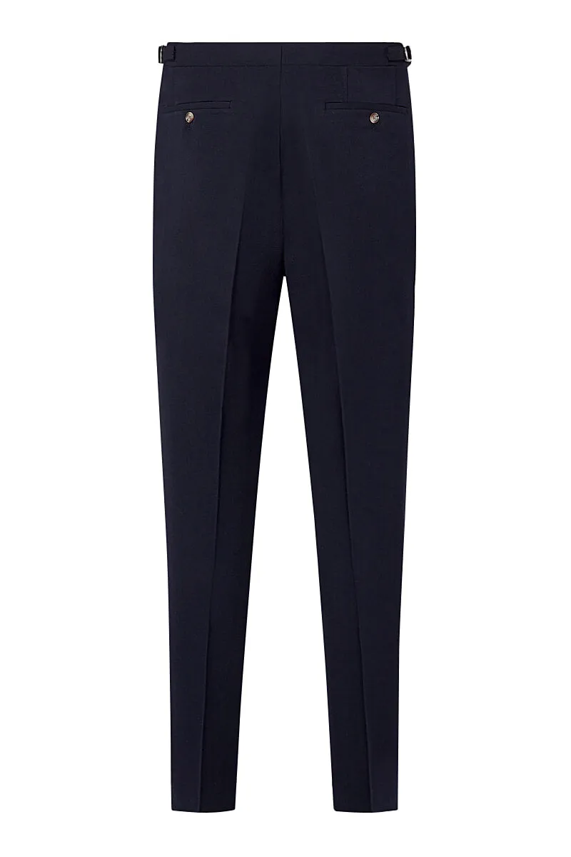 Navy Single Pleated Gabardine Trousers
