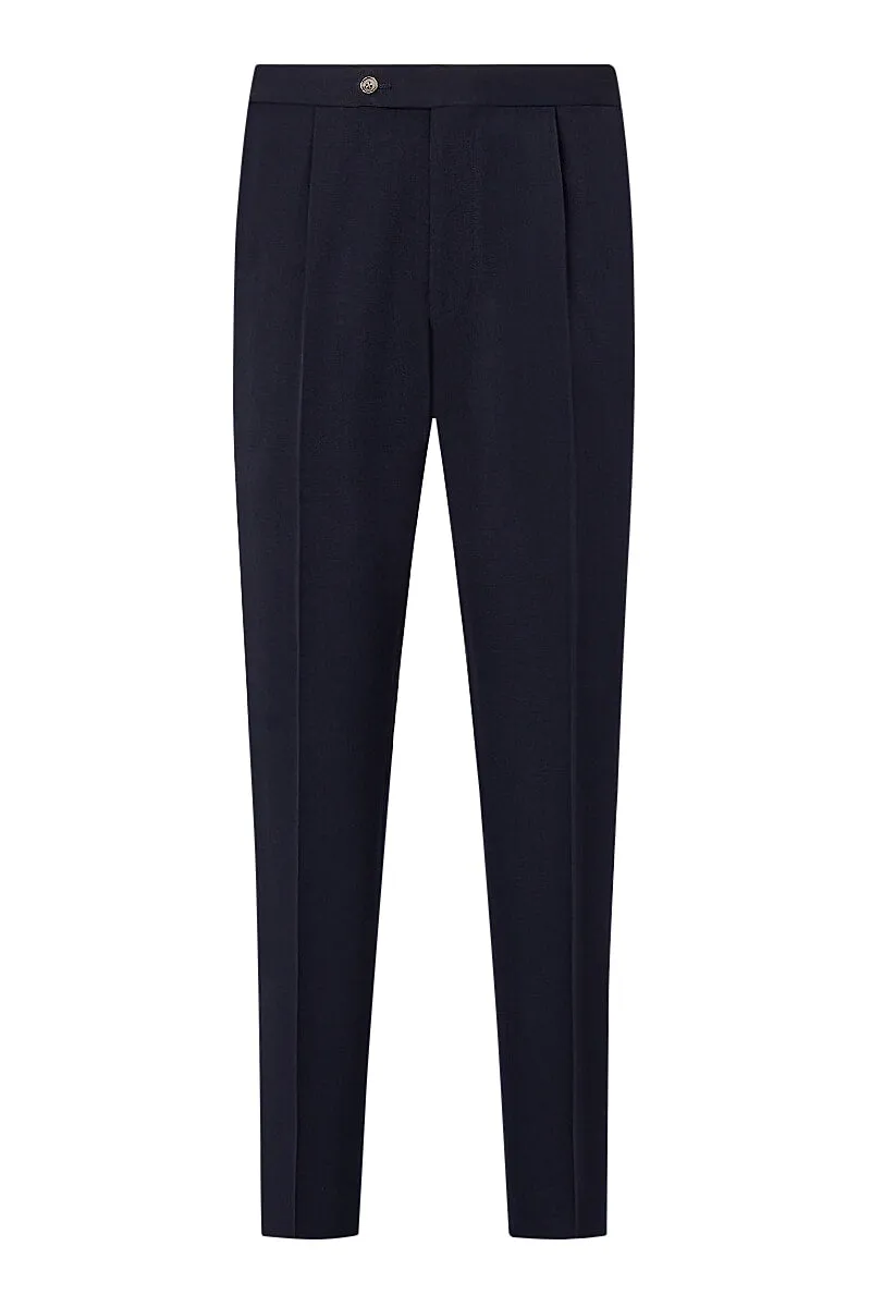 Navy Single Pleated Gabardine Trousers