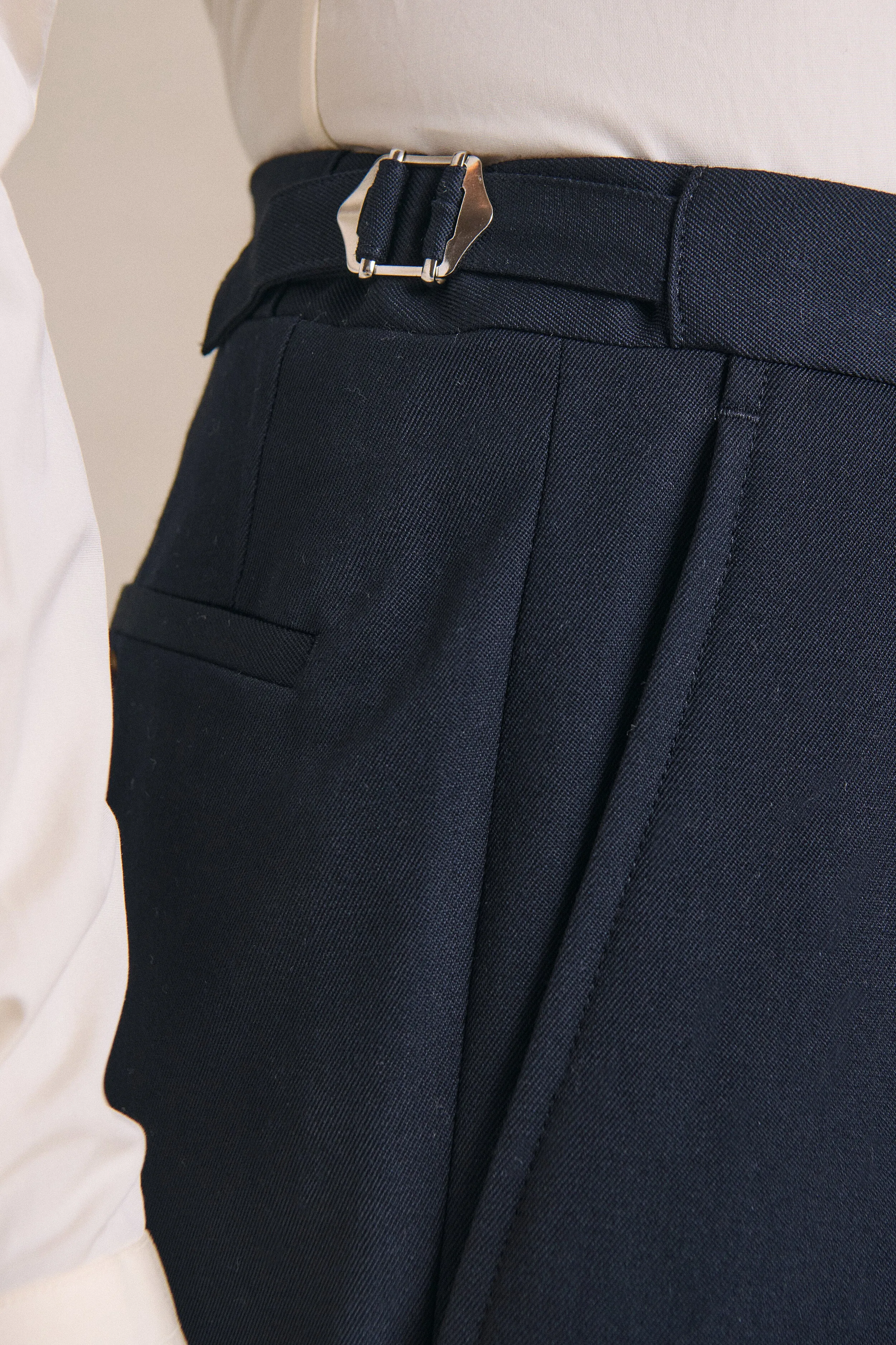 Navy Single Pleated Gabardine Trousers