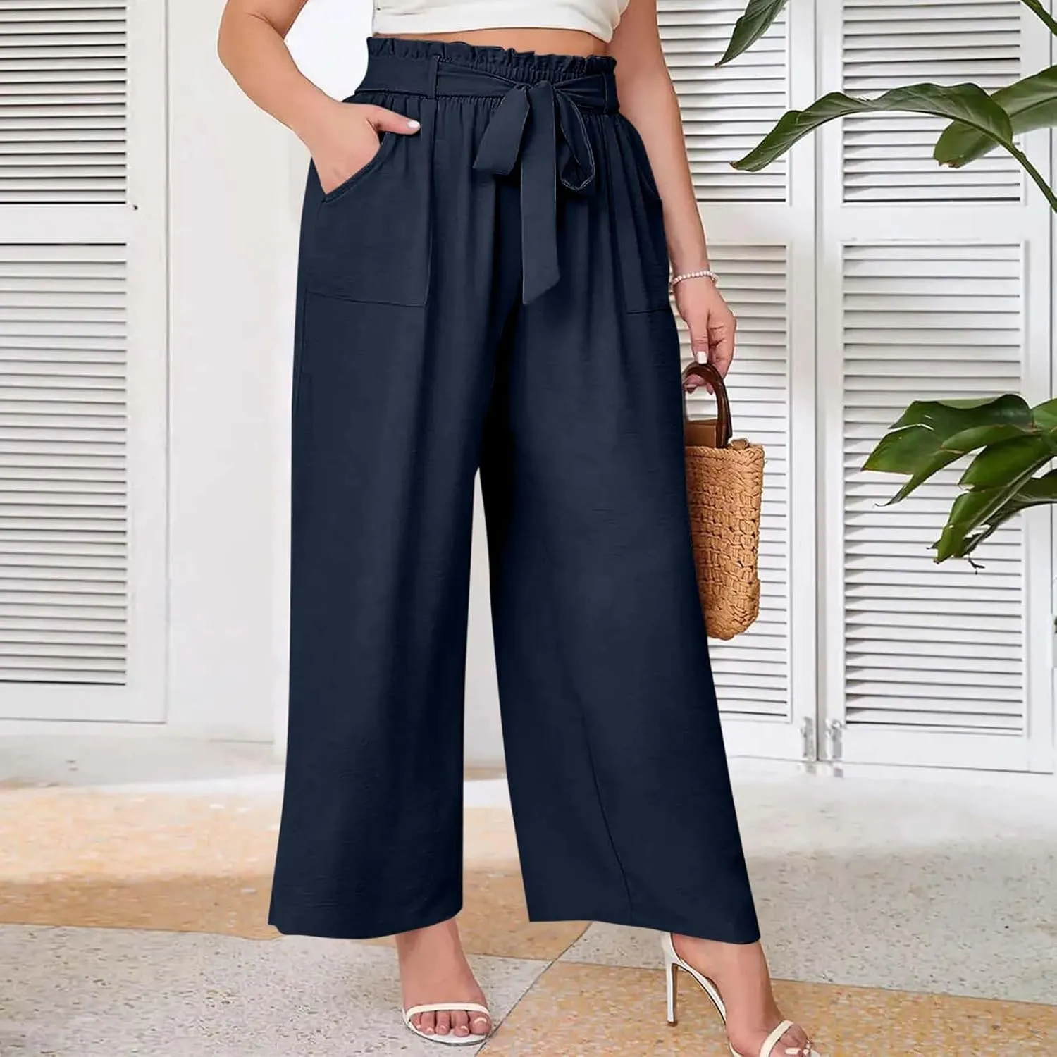 Palazzo Pants for Women Business Casual Pants Adjustable Waist High Rise Wide Leg Trousers Summer Travel Outfits