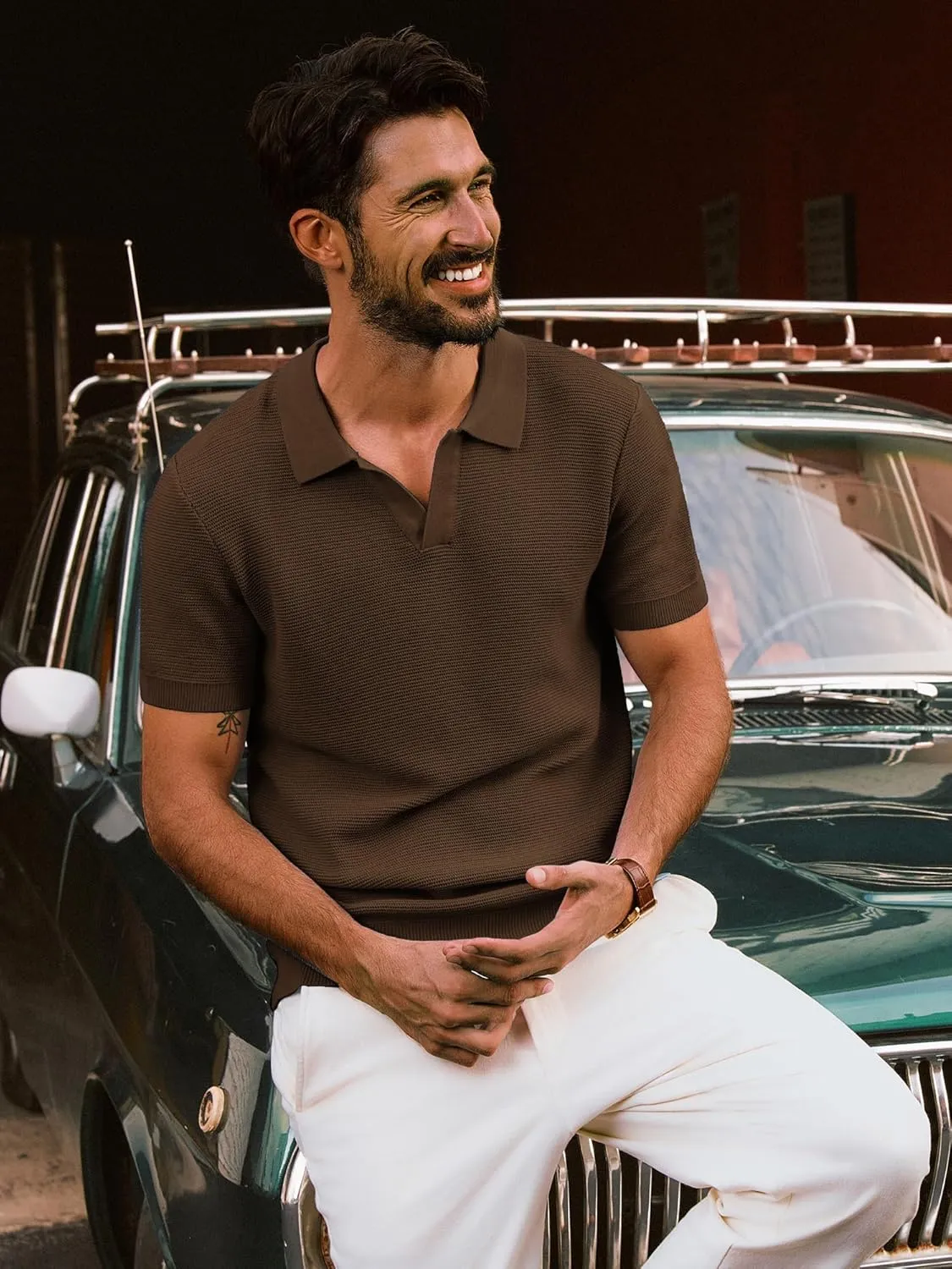 PJ PAUL JONES Mens Polo Shirts Short Sleeve Casual V Neck Ribbed Textured Knit Polo Shirt