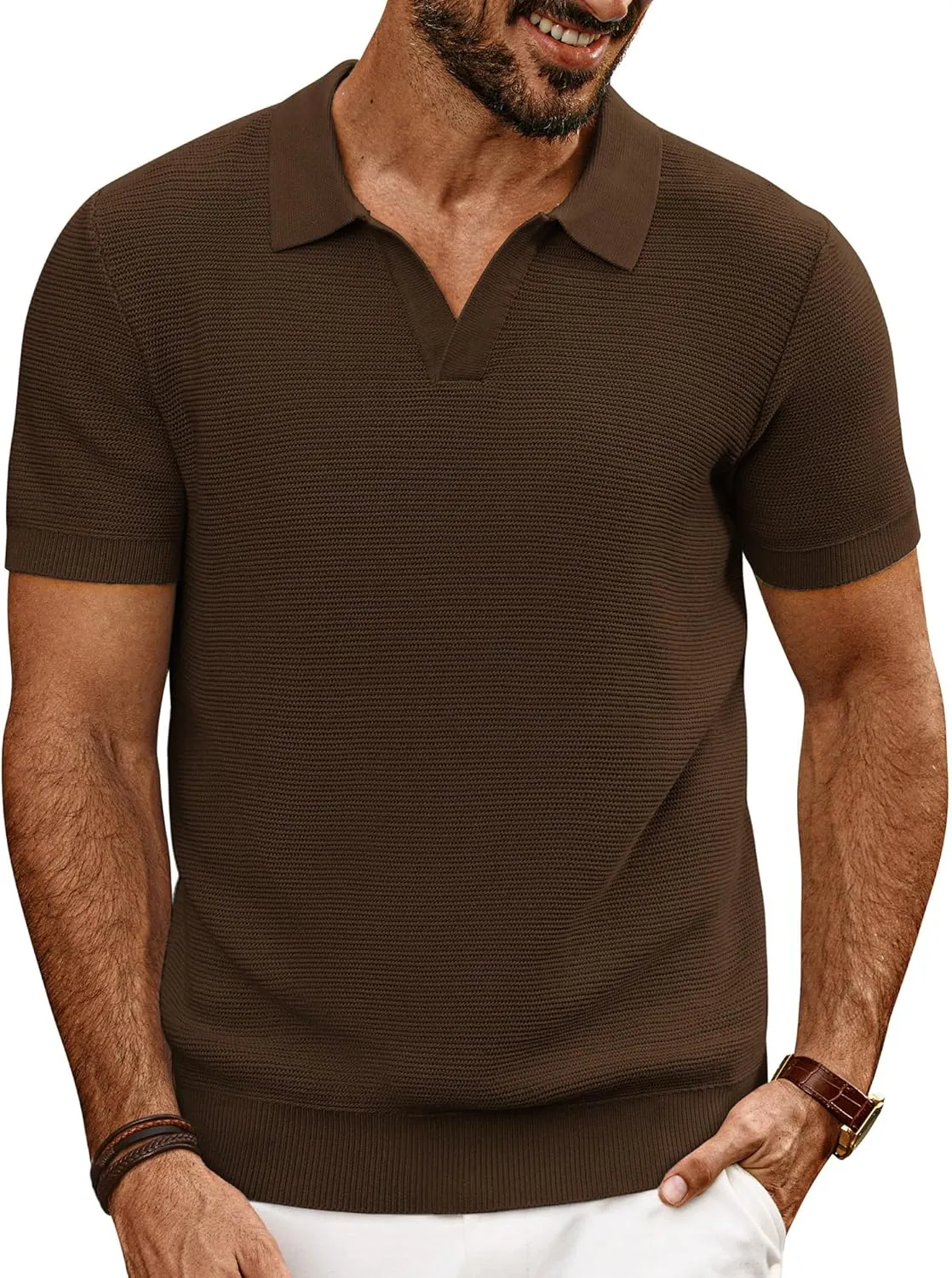 PJ PAUL JONES Mens Polo Shirts Short Sleeve Casual V Neck Ribbed Textured Knit Polo Shirt