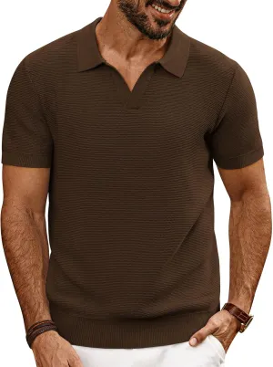 PJ PAUL JONES Mens Polo Shirts Short Sleeve Casual V Neck Ribbed Textured Knit Polo Shirt