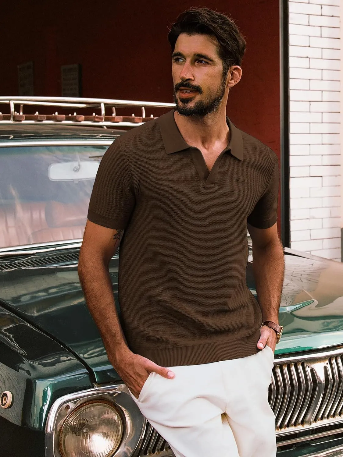 PJ PAUL JONES Mens Polo Shirts Short Sleeve Casual V Neck Ribbed Textured Knit Polo Shirt