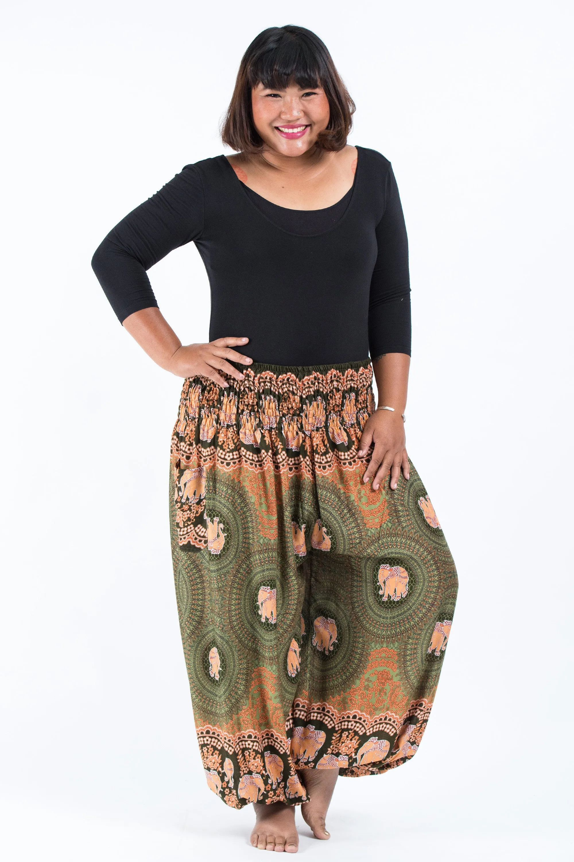 Plus Size Mandala Elephant Women's Elephant Pants in Olive