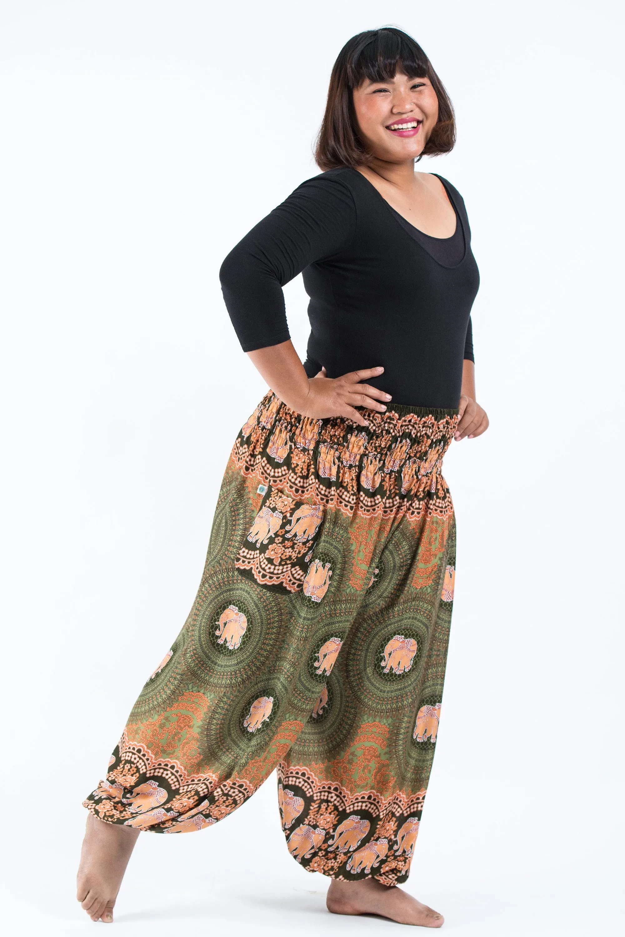 Plus Size Mandala Elephant Women's Elephant Pants in Olive