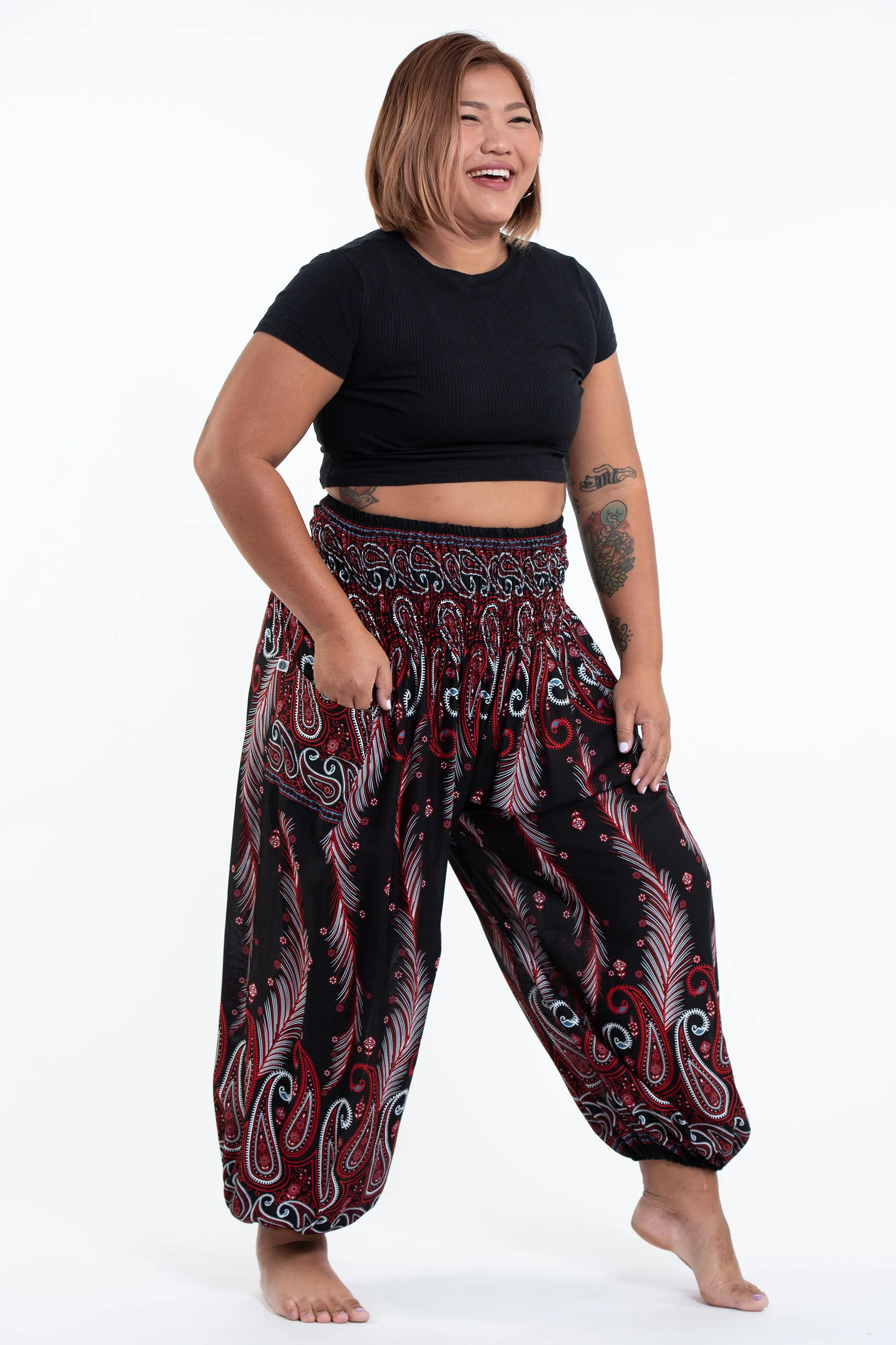 Plus Size Paisley Feathers Women's Harem Pants in Black