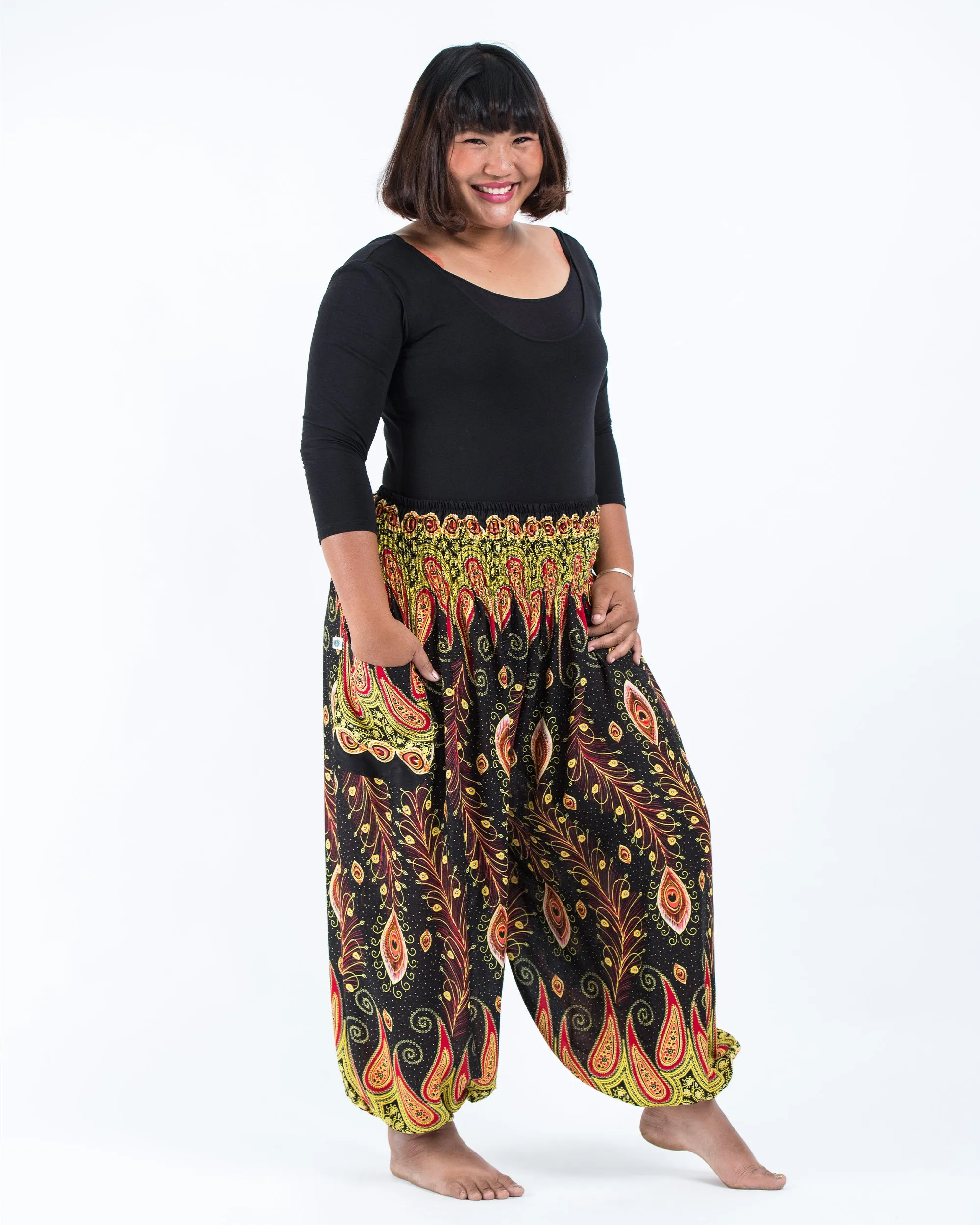 Plus Size Peacock Paisley Women's Harem Pants in Black