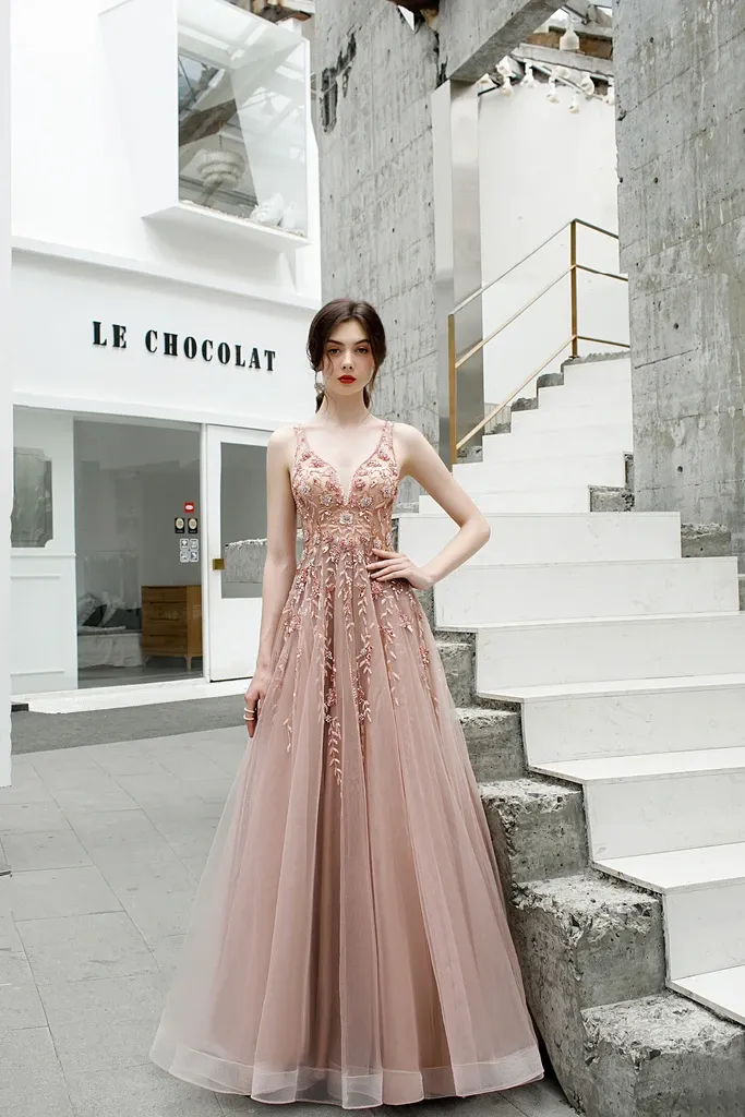 Promfast A Line V Neck Beaded Long Tulle Zipper Back Prom Dresses PFP1812
