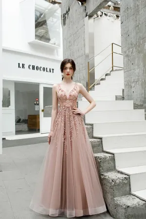 Promfast A Line V Neck Beaded Long Tulle Zipper Back Prom Dresses PFP1812