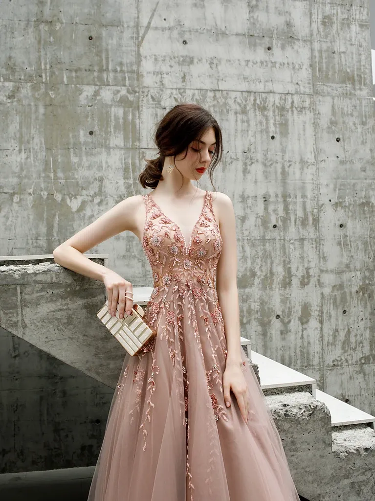 Promfast A Line V Neck Beaded Long Tulle Zipper Back Prom Dresses PFP1812