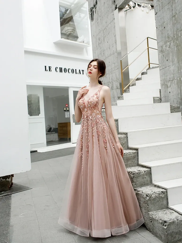 Promfast A Line V Neck Beaded Long Tulle Zipper Back Prom Dresses PFP1812